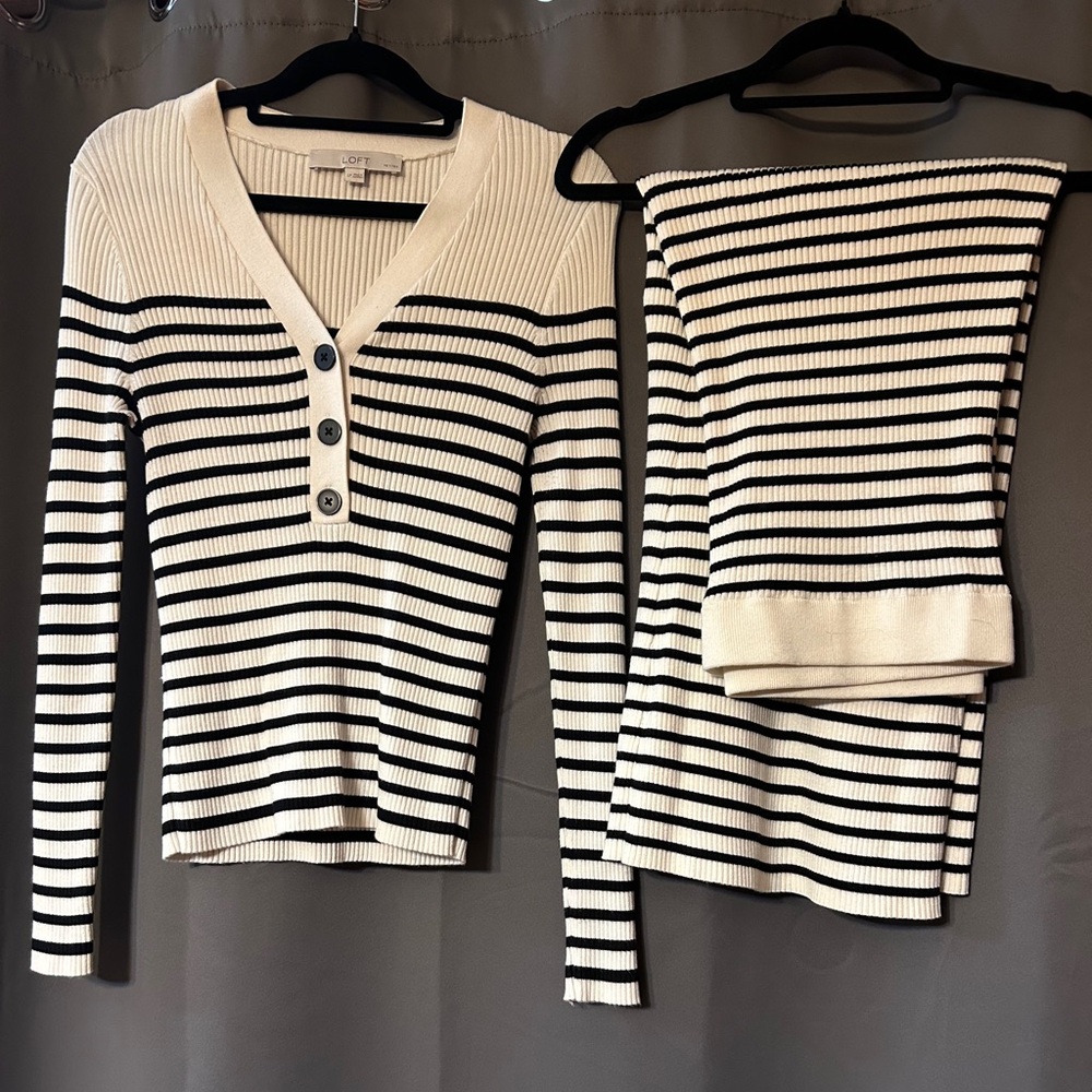 LOFT Black and Cream Striped V-Neck Sweater and Skirt Set